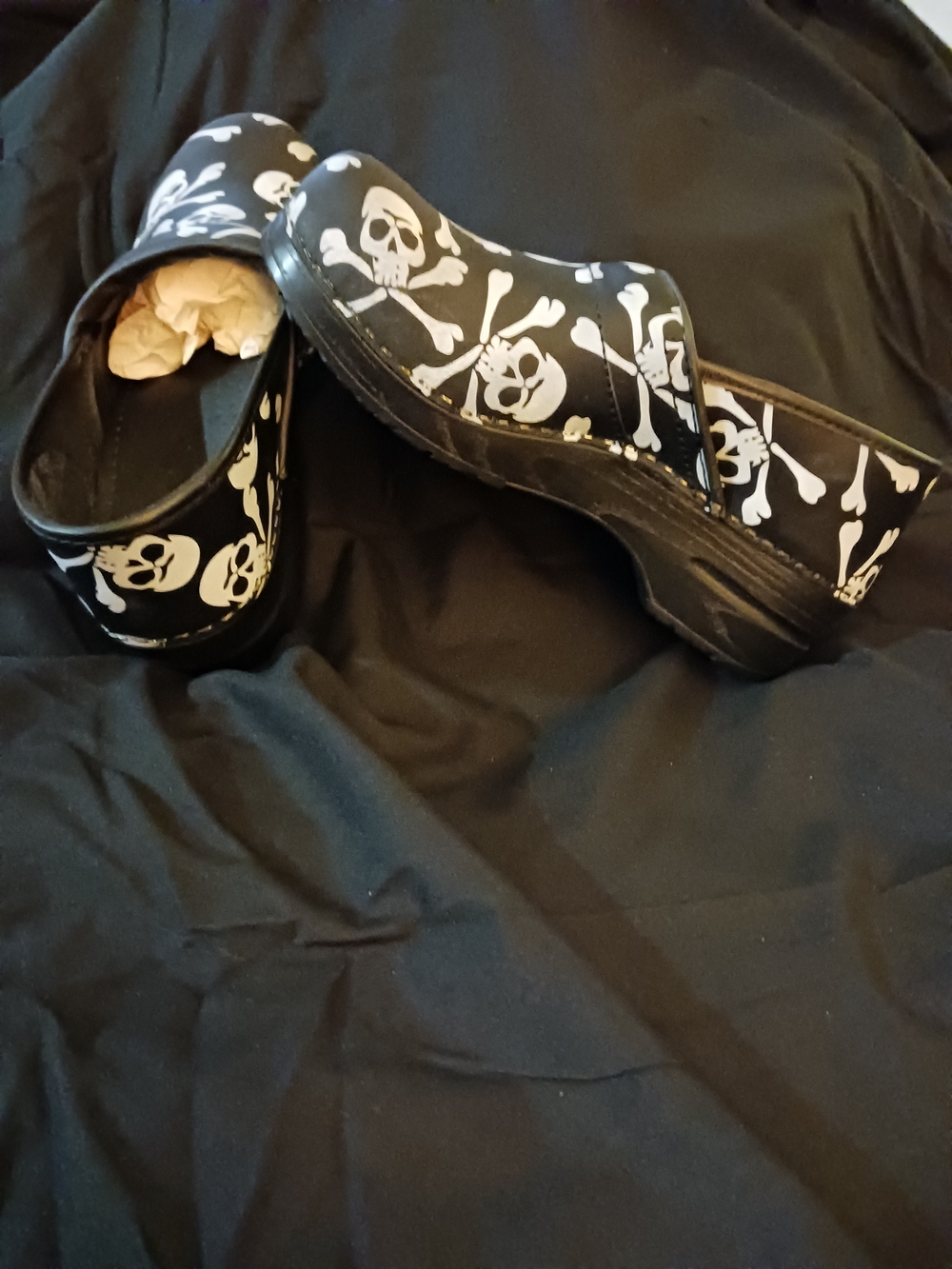 Sanita Black Clogs with White Skull Print